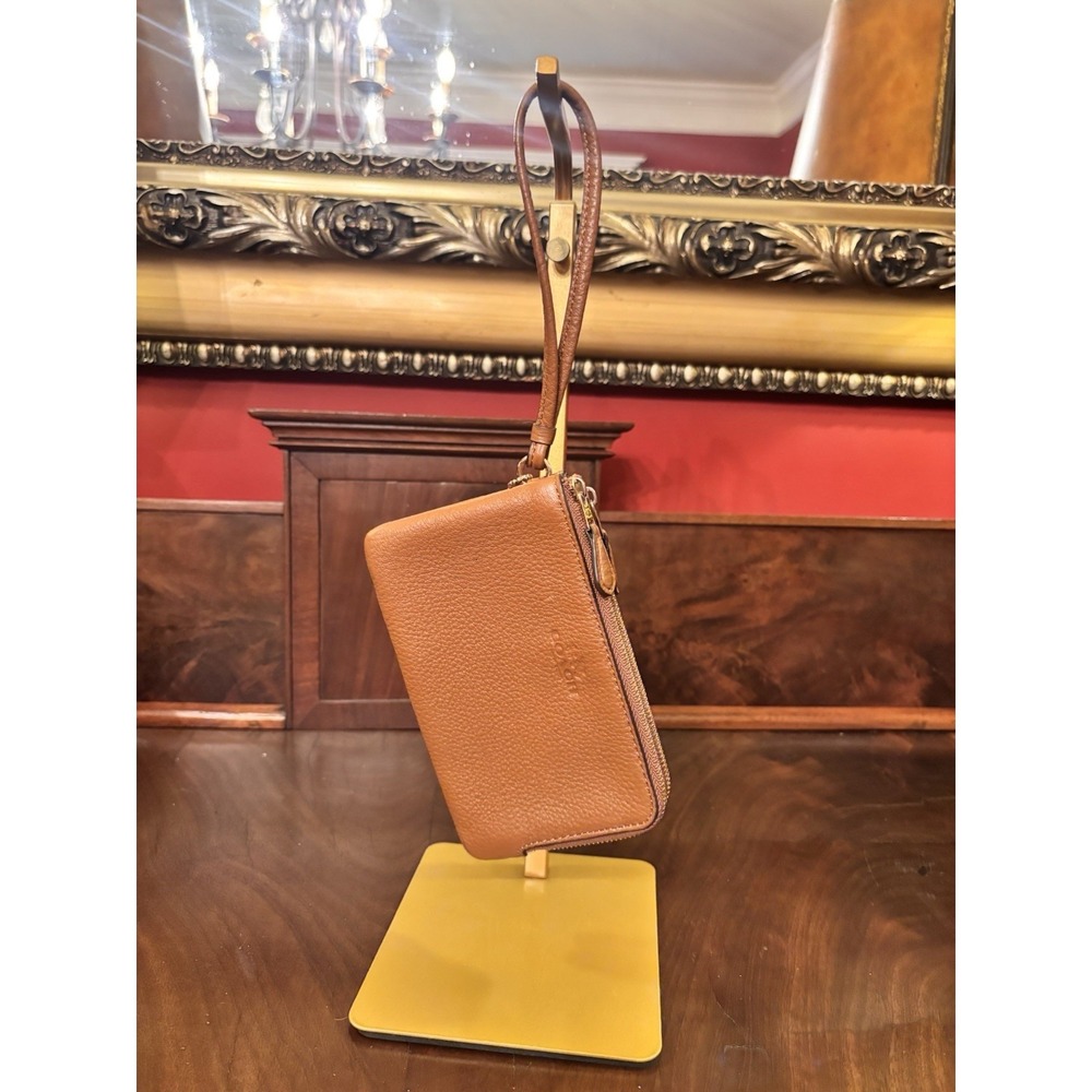 Coach Brown Pebbled Leather Double Zip Wristlet Wallet Credit Card Organizer